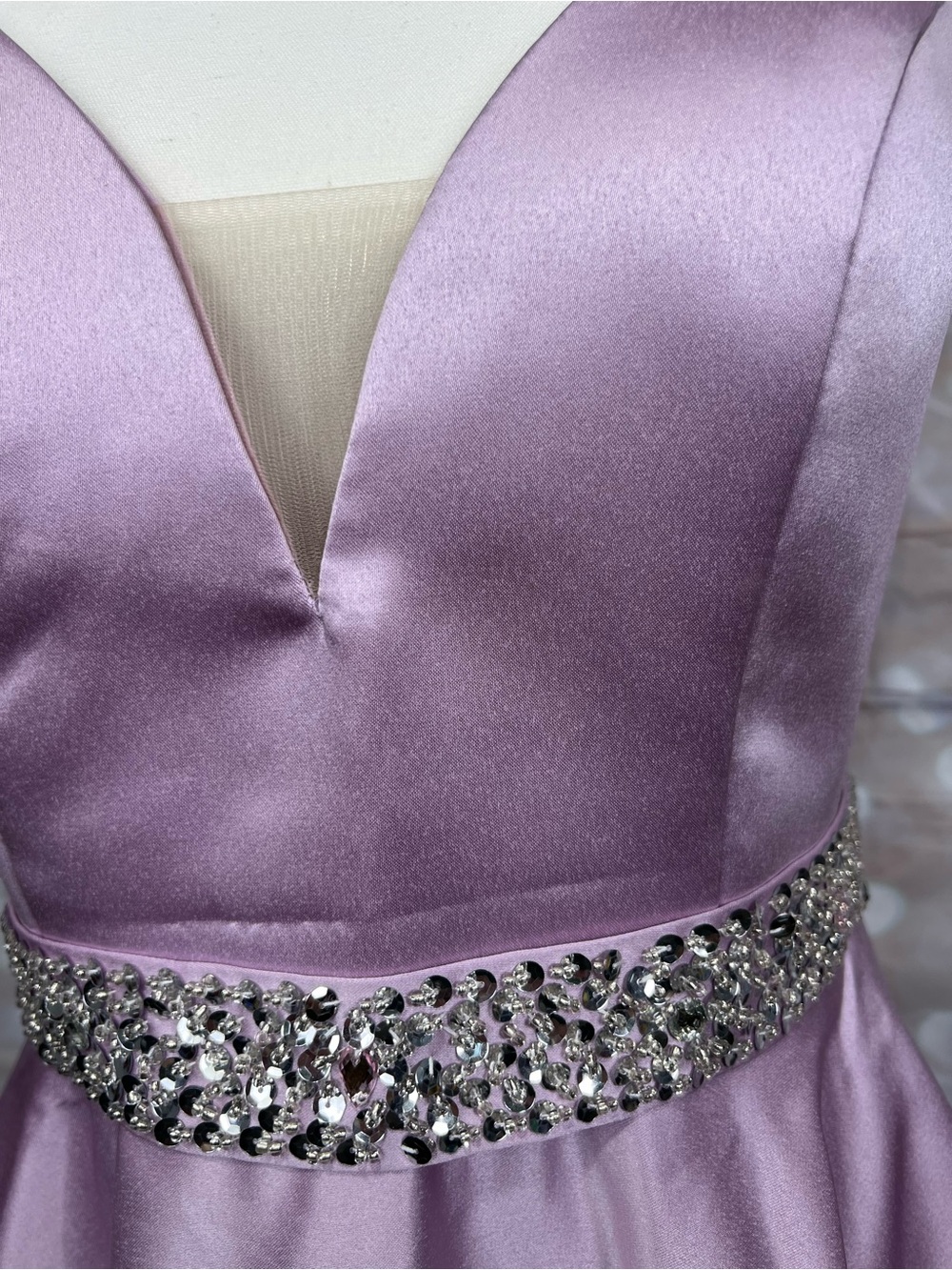 Lilac Satin A-Line Dress with Jeweled Waist - Picture 5 of 6